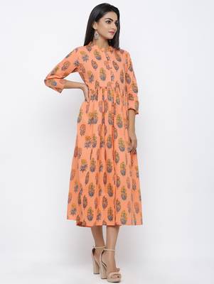 Women's Peach Cotton Cambric Mughal Print A-line Kurta 3