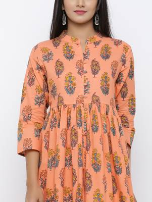 Women's Peach Cotton Cambric Mughal Print A-line Kurta 4
