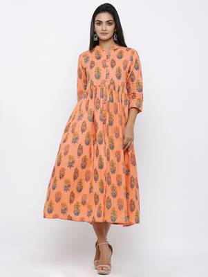 Women's Peach Cotton Cambric Mughal Print A-line Kurta 5