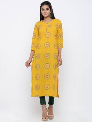 Women's Mustard Cotton Cambric Self Design Straight Kurta 1