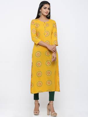 Women's Mustard Cotton Cambric Self Design Straight Kurta 3