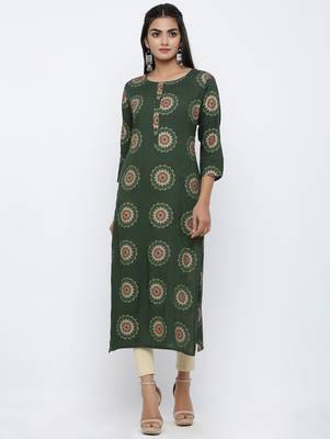 Women's Dark Green Rayon Self Design Straight Kurta 1