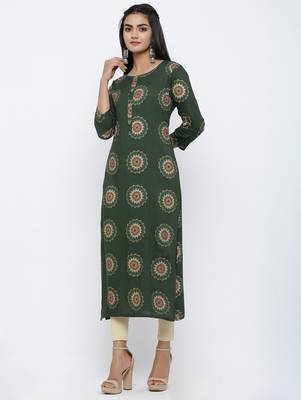 Women's Dark Green Rayon Self Design Straight Kurta 2