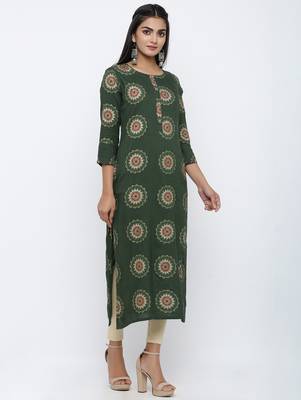Women's Dark Green Rayon Self Design Straight Kurta 3