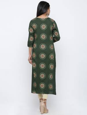 Women's Dark Green Rayon Self Design Straight Kurta 5