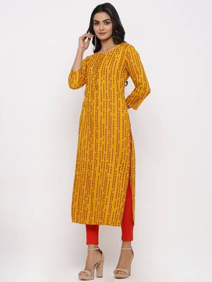 Women's Mustard Rayon Self Design Straight Kurta 2