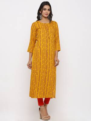 Women's Mustard Rayon Self Design Straight Kurta 3