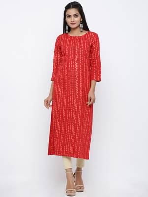 Women's Red Rayon Self Design Straight Kurta 1