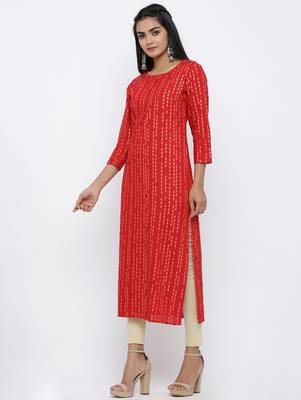 Women's Red Rayon Self Design Straight Kurta 2