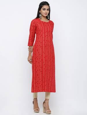 Women's Red Rayon Self Design Straight Kurta 3