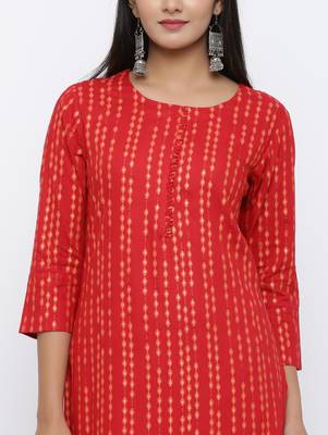Women's Red Rayon Self Design Straight Kurta 4