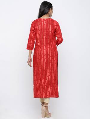 Women's Red Rayon Self Design Straight Kurta 5