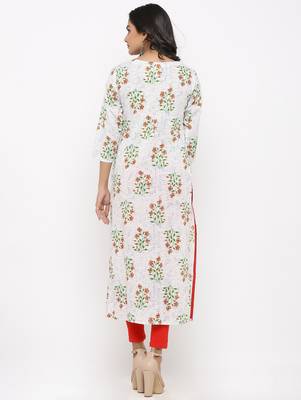 Women's White & Red Cotton Cambric Buta Print Straight Kurta 5