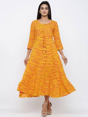 Women's Yellow Rayon Leheriya Print Anarkali Kurta 2