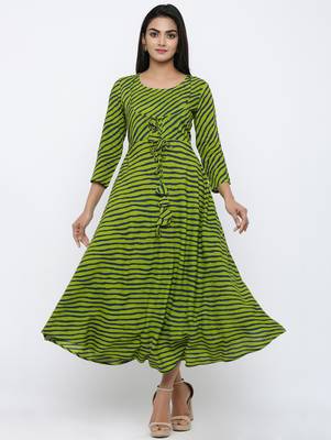 Women's Green Rayon Leheriya Print Anarkali Kurta 5