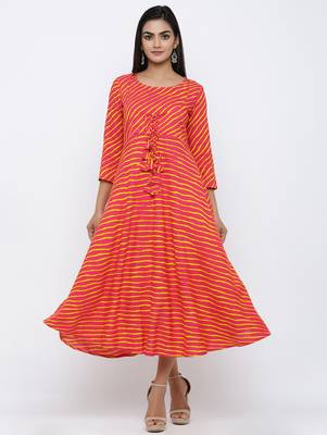 Women's Pink Rayon Leheriya Print Anarkali Kurta 5