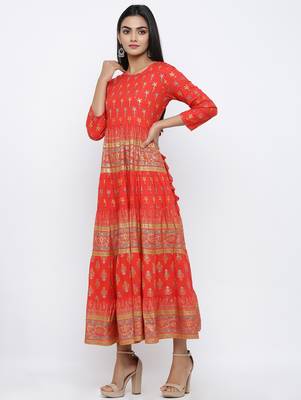 Women's Red Rayon Self Design Anarkali Kurta 2