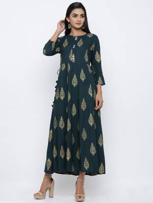 Women's Dark Green Rayon Mughal Print Anarkali Kurta 1