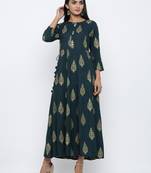 Women's Dark Green Rayon Mughal Print Anarkali Kurta