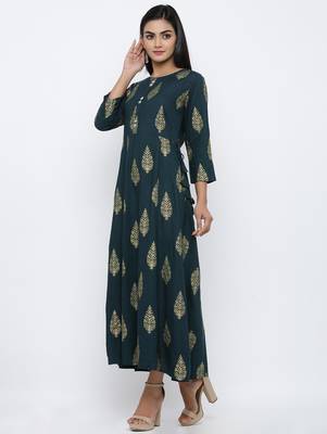 Women's Dark Green Rayon Mughal Print Anarkali Kurta 2