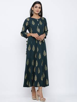 Women's Dark Green Rayon Mughal Print Anarkali Kurta 3