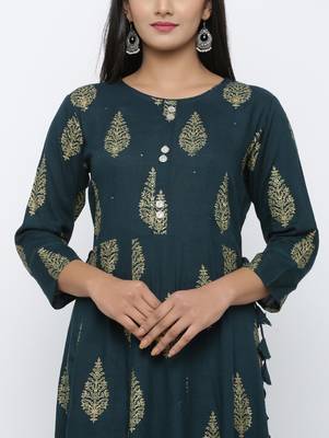 Women's Dark Green Rayon Mughal Print Anarkali Kurta 4