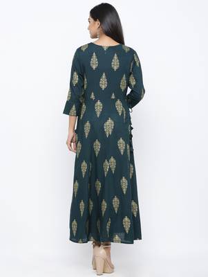 Women's Dark Green Rayon Mughal Print Anarkali Kurta 5