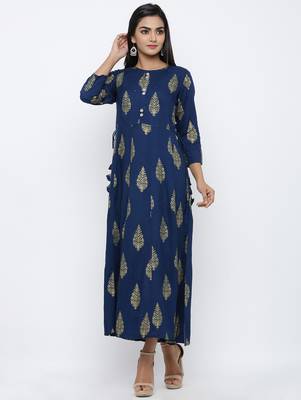 Women's Navy Blue Rayon Mughal Print Anarkali Kurta 1