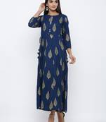 Women's Navy Blue Rayon Mughal Print Anarkali Kurta