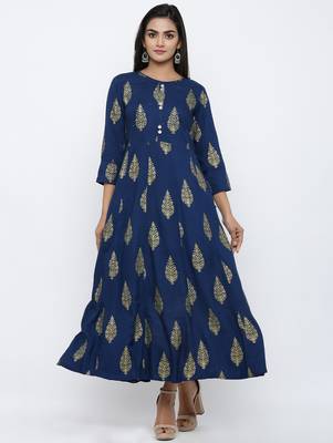 Women's Navy Blue Rayon Mughal Print Anarkali Kurta 2