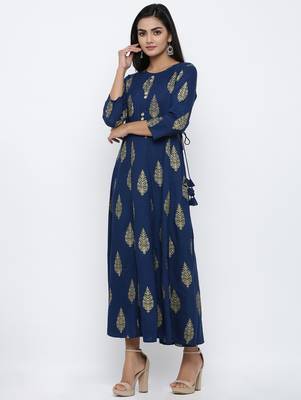 Women's Navy Blue Rayon Mughal Print Anarkali Kurta 3