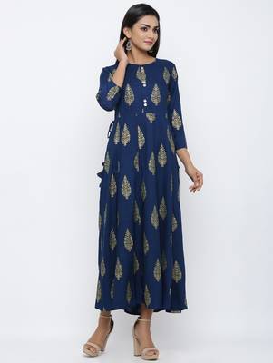 Women's Navy Blue Rayon Mughal Print Anarkali Kurta 4