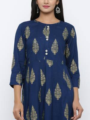 Women's Navy Blue Rayon Mughal Print Anarkali Kurta 5