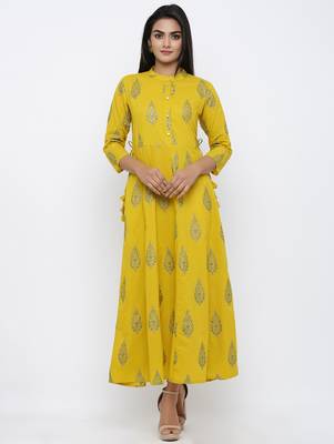 Women's Mustard Cotton Cambric Mughal Print Anarkali Kurta 1