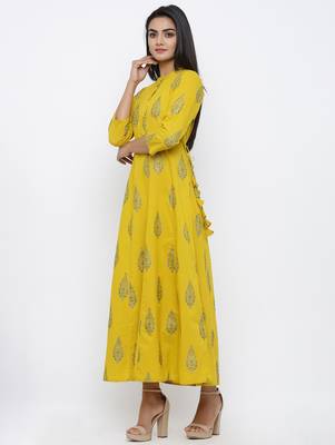 Women's Mustard Cotton Cambric Mughal Print Anarkali Kurta 2