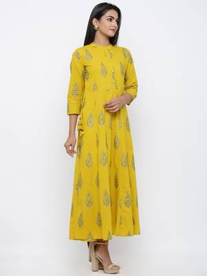 Women's Mustard Cotton Cambric Mughal Print Anarkali Kurta 3