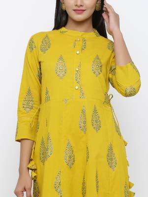 Women's Mustard Cotton Cambric Mughal Print Anarkali Kurta 4