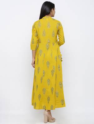 Women's Mustard Cotton Cambric Mughal Print Anarkali Kurta 5