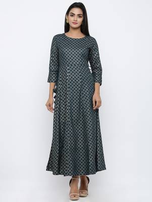 Women's Teal Rayon Gold Print Anarkali Kurta 1