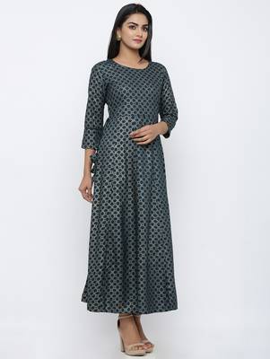Women's Teal Rayon Gold Print Anarkali Kurta 2