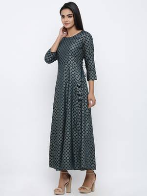 Women's Teal Rayon Gold Print Anarkali Kurta 3