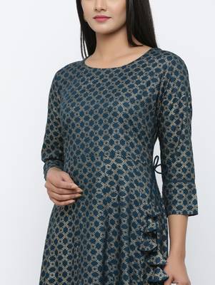 Women's Teal Rayon Gold Print Anarkali Kurta 4