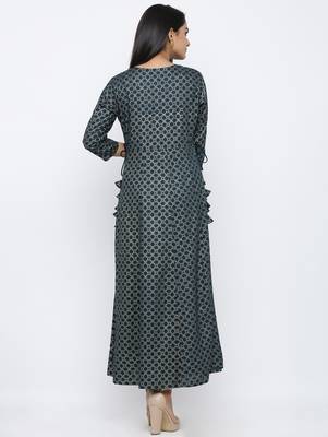 Women's Teal Rayon Gold Print Anarkali Kurta 5