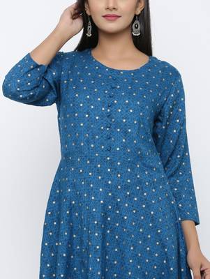 Women's Blue Rayon Self Design Anarkali Kurta 4