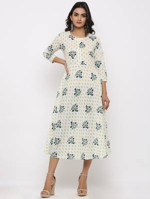 Women's White & Mustard Cotton Cambric Foral print Anarkali Kurta 1