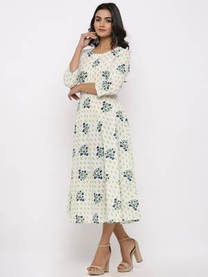 Women's White & Mustard Cotton Cambric Foral print Anarkali Kurta 2