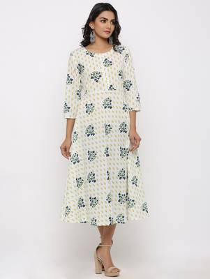 Women's White & Mustard Cotton Cambric Foral print Anarkali Kurta 3