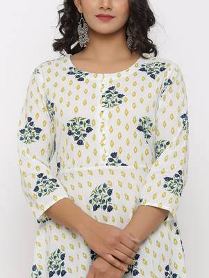 Women's White & Mustard Cotton Cambric Foral print Anarkali Kurta 4