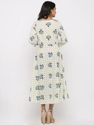 Women's White & Mustard Cotton Cambric Foral print Anarkali Kurta 5
