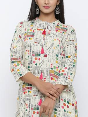 Women's Off White Rayon Self Design A-line Kurta 4